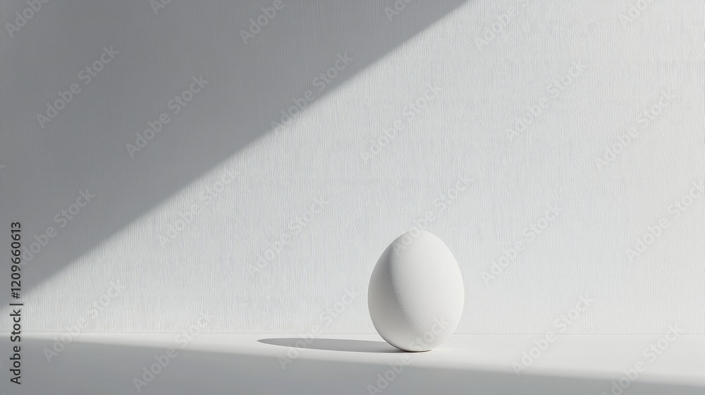 Poster minimalist composition of a single white egg standing vertically on a clean white background with so