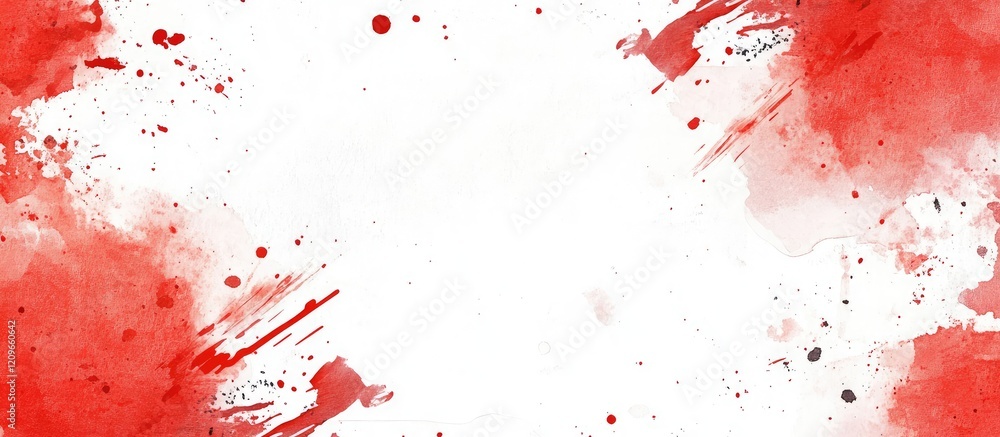 Poster vibrant red watercolor stain with ink splatters on a white canvas creating a dynamic artistic backgr