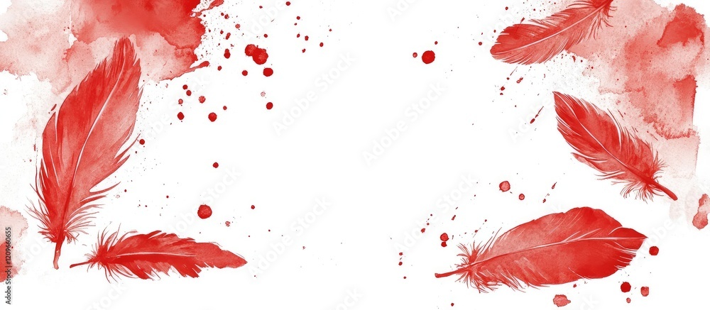 Poster elegant red watercolor decorative elements with feathers and blank space for text on a white backgro