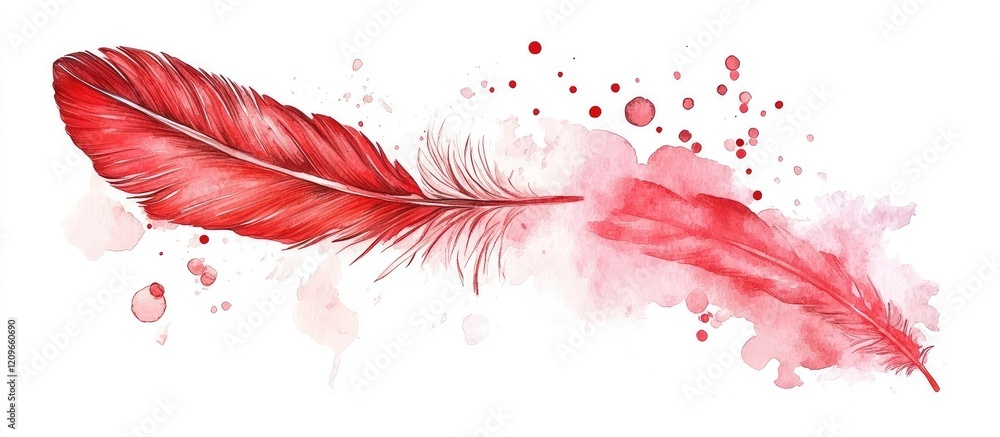 Poster vibrant red watercolor decorative feathers with splashes of pink and a blank white space for customi