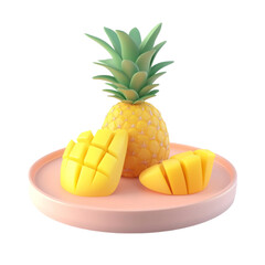 Pineapple and Mango on Pink Plate Tropical Fruits Summer Treat,