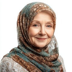 Beautiful Elderly Woman in Hijab Smiling, Isolated on White Background. Symbolizing Wisdom, Grace, and Cultural Elegance, Embracing Diversity and Empowerment.