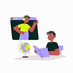 Online Education With A Male Student And Virtual Instructor In Flat Vector Illustration Symbolizing Distance Learning, Technology, And Global Knowledge, Isolated On White Background