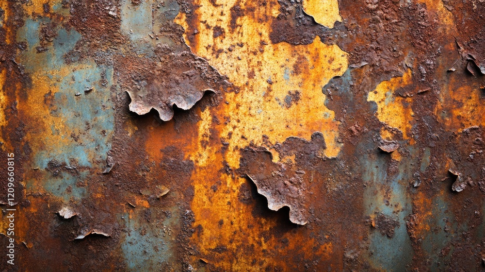 Poster corroded metal texture with vibrant rust patterns showcasing layers of peeling paint and oxidation e