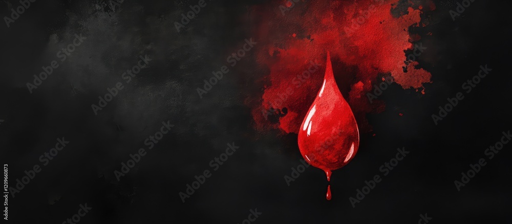 Poster vivid red watercolor drop cascading on rich black background with ample space for textual overlay an