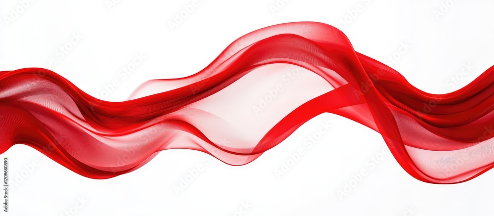 Poster flowing red wavy curtain isolated on bright white background with dynamic curves and ample copy spac