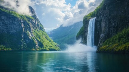 Majestic Waterfall Cascading Down a Mountainside in Norway