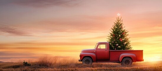Red vintage pickup truck with green Christmas tree parked in a sunset landscape, soft golden and pink hues illuminating the countryside scene, blank space for text