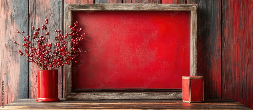 Poster red vintage box with festive decorations on rustic wooden wall frame with empty space for text surro