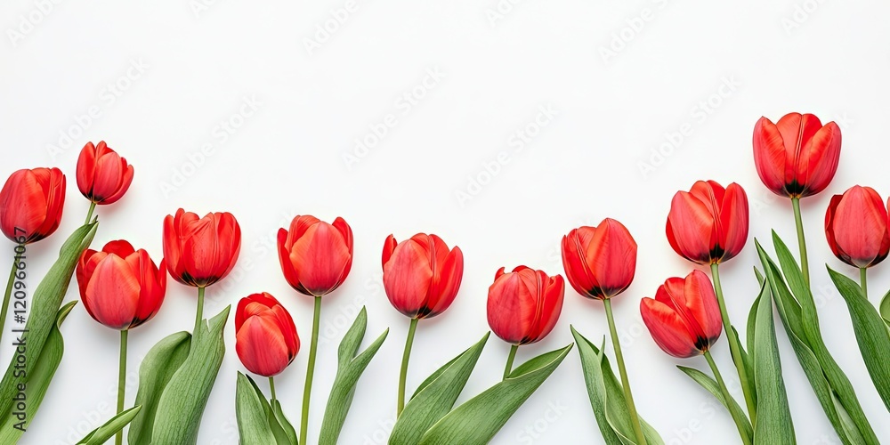 Poster vibrant red tulips arranged in a diagonal line on a white background with green leaves providing neg