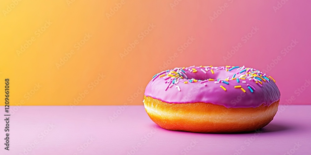 Poster violet-glazed donut adorned with colorful sprinkles on the right side against a vibrant gradient pin
