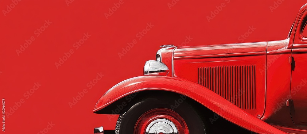 Poster close up detail of a bright red vintage car panel against a complementary red background with blank 