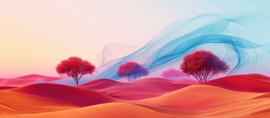 Vibrant Red Desert Waves with Blue Smoke and Isolated Trees in Soft Pastel Sky Ideal for Website or Print Background with Empty Space for Text