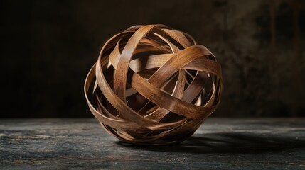 Brown wooden ball made of intertwined rubber bands with a dark textured background highlighting the rustic and creative design.