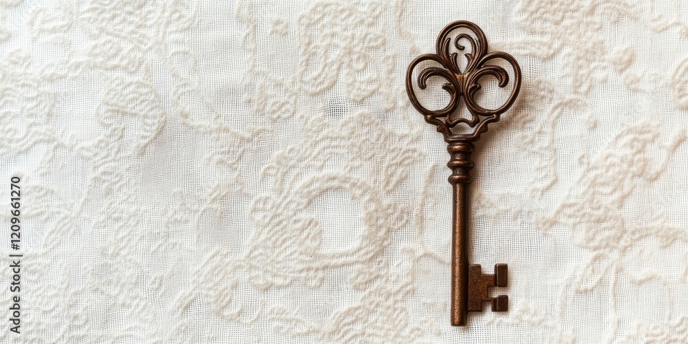 Poster vintage ornate iron key positioned on a textured white tablecloth with intricate patterns, ample neg