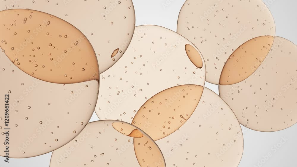 Poster abstract 3d animation of transparent flat orange liquid spots with air bubbles on a white background