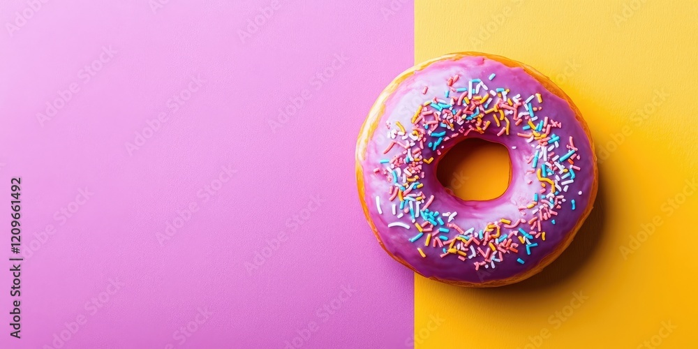 Poster violet glazed donut with colorful sprinkles on the left half of a pink and yellow background with am