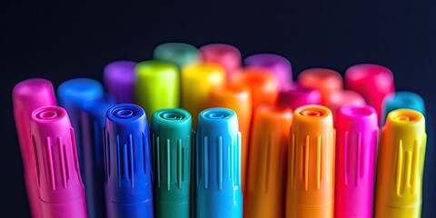 Colorful collection of vibrant marker pens in pink, purple, blue, green, and orange arranged in a circular pattern against a dark background.