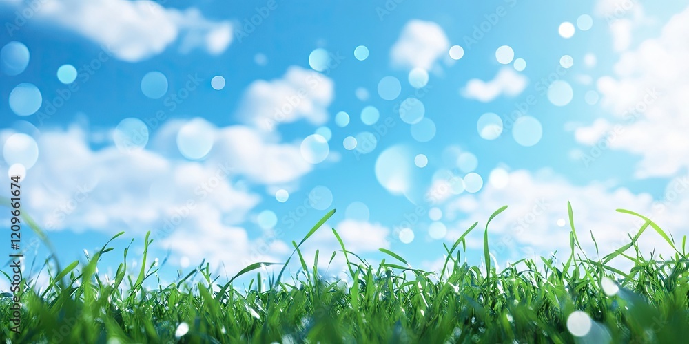 Poster lush green grass in the foreground against a bright blue sky with fluffy clouds and a soft bokeh eff