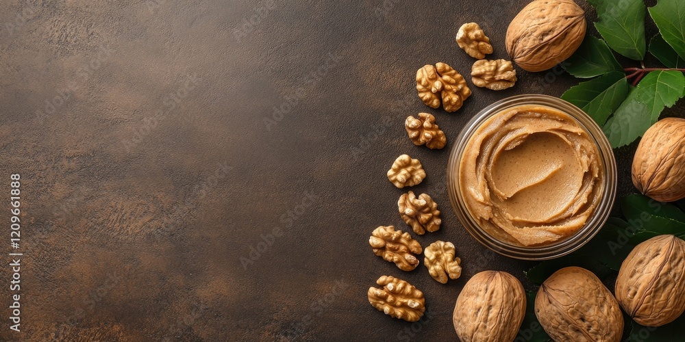 Poster creamy walnut butter in a glass jar surrounded by whole walnuts and walnut halves on a dark textured
