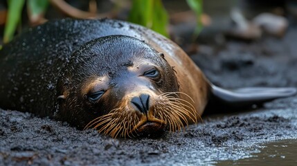 Fototapeta premium Seal relaxing on a muddy bank in a natural habitat showcasing its fur texture and serene expression amidst a tranquil environment