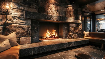 Fireplace integrated into stone wall design, with warm flames and cozy seating in a dimly lit modern interior.