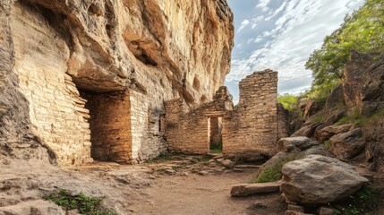 Ancient ruins nestled at the base of a towering rock cliff with lush greenery and a clear sky enhancing the archaeological site atmosphere.