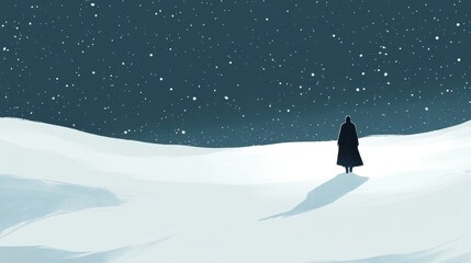 Obraz premium Solitary Figure in a Snowy Expanse Under a Starry Night