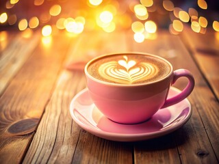 Obraz premium Double Exposure Coffee: Pink Cup Latte Art on Wooden Background
