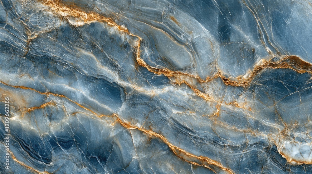 Poster blue marble texture with smooth natural quartz surface featuring striking golden veins and intricate