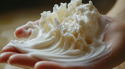 Cream spreads over hand as finger glides, showcasing smooth texture and detail