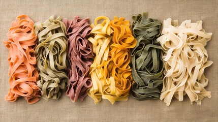 Colorful Array of Artisan Gluten Free Pasta Varieties on a Beige Linen Background with Textured Surface Ideal for Culinary and Food Photography