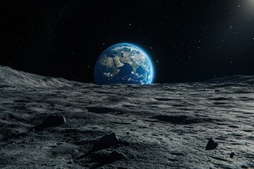 Earth rising above the lunar surface under a dark starry sky, symbolizing the beauty and fragility of our planet from space