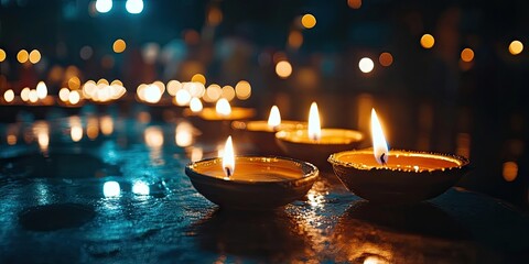 Vibrant oil lamps glowing warmly in foreground on a wet surface against a dark background with soft bokeh lights during Diwali celebration.