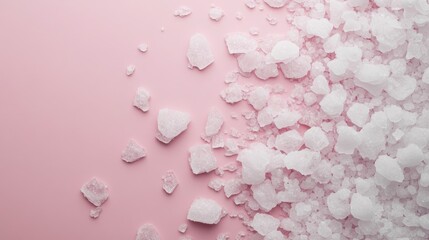 Fototapeta premium Sea salt texture scattered on a soft pink background showcasing white crystal formations in an appealing arrangement