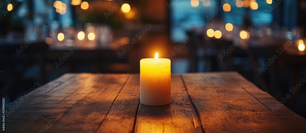 Poster cozy rustic wooden table with soft candlelight creating warm ambiance in an intimate evening setting
