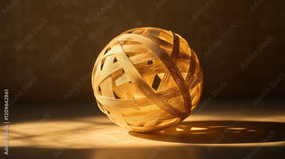 Poster rubber band ball illuminated by warm light creating intricate shadows and textures on a soft surface