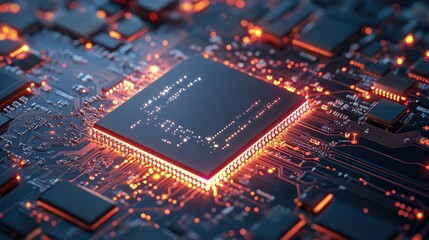 High-Detail Close-Up of Glowing Semiconductor Chip on Circuit Board with Orange and Black Elements in Advanced Technology Factory Environment