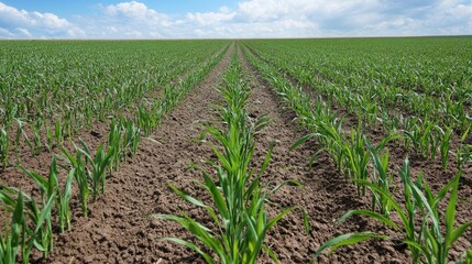 Sprung winter wheat field with vibrant green rows under a bright blue sky and fluffy clouds during a sunny day in rural agriculture.