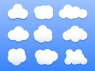 White colour cloud shining in Blue sky background. Cloud icon, cloud shape. Different shapes clouds gradient and 3d design. Design for element for logo, web and print.