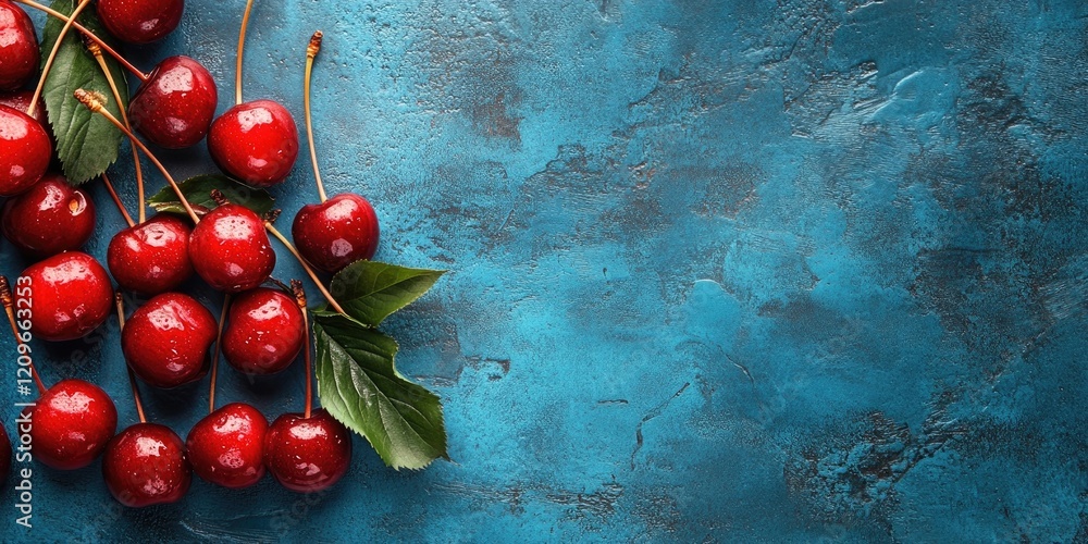 Poster fresh red cherries with green leaves arranged on a textured bright blue background with ample negati
