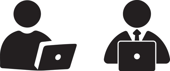 Man using laptop vector icon silhouette, Person sitting at a computer vector art 