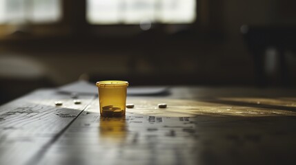 Empty prescription pill bottle on wooden table with scattered pills and medical chart, symbolizing the opioid crisis and healthcare challenges in modern society.