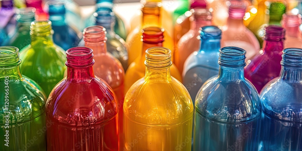 Aufkleber vibrantly colored empty plastic bottles arranged closely in a circular pattern with hues of red gree