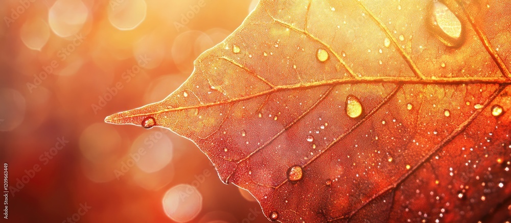 Poster sunlit autumn leaf with dew droplets glistening in warm amber tones, featuring gentle bokeh backgrou