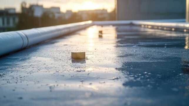 Elastomeric waterproofing membrane system on building rooftop protecting against rain and negative water pressure during sunset