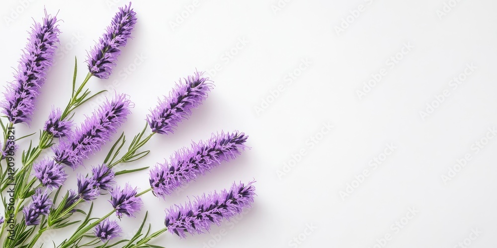 Poster violet liatris flowers arranged diagonally on the left over a clean white background with ample copy