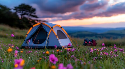 Serene mountain camping at sunset