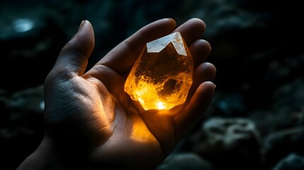 Hand holding a glowing yellow crystal in a dark environment during exploration