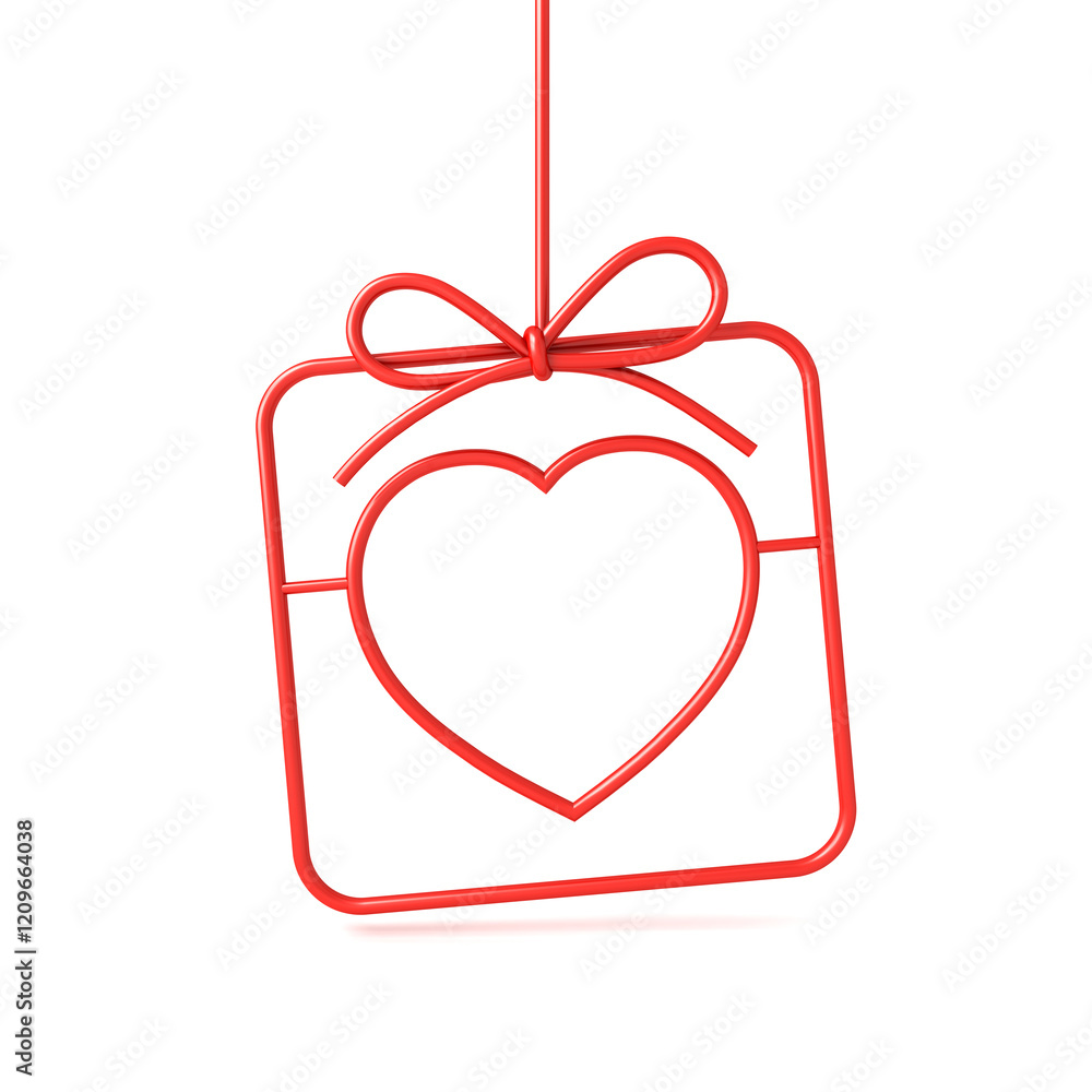 Poster Hanging red gift box with love heart shape frame or love present frame border isolated on white background with shadow minimal creative idea concepts 3D rendering